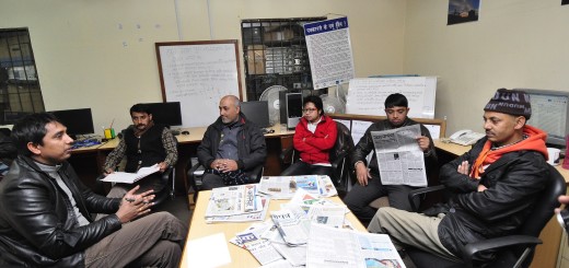 Federation of Federation of Nepalese Journalists (FNJ) central committee members Dipendra Kunwar and Roshan Puri and UCPN (Maoist) aligned-Revolutionary Journalists' Association, Nepal member Bishnu Sapkota and with nepalnews.com staffs during the sit-in programme of nepalnews.com staffs on Wednesday, January 14, 2015.